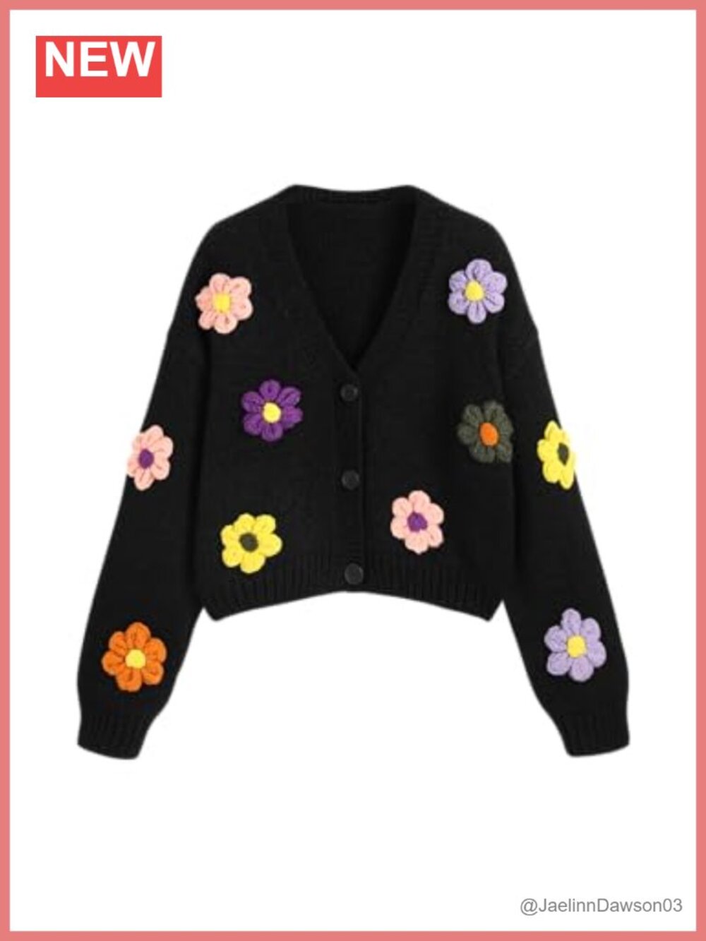 Flower Applique Knit Cardigan V Neck Button Front Hip Length